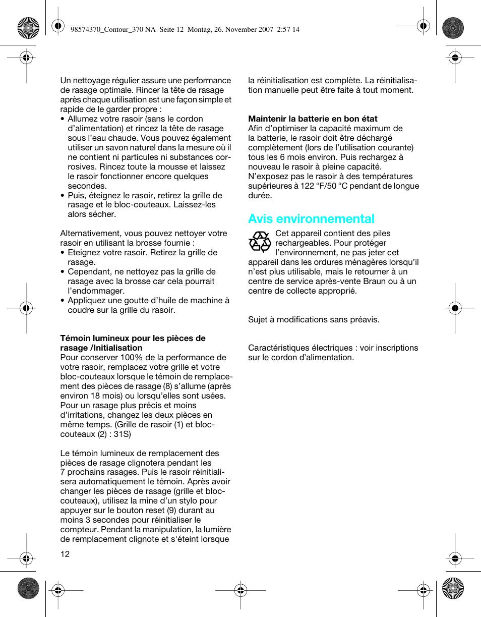 Avis environnemental | Braun 370 Series 3 User Manual | Page 12 / 18