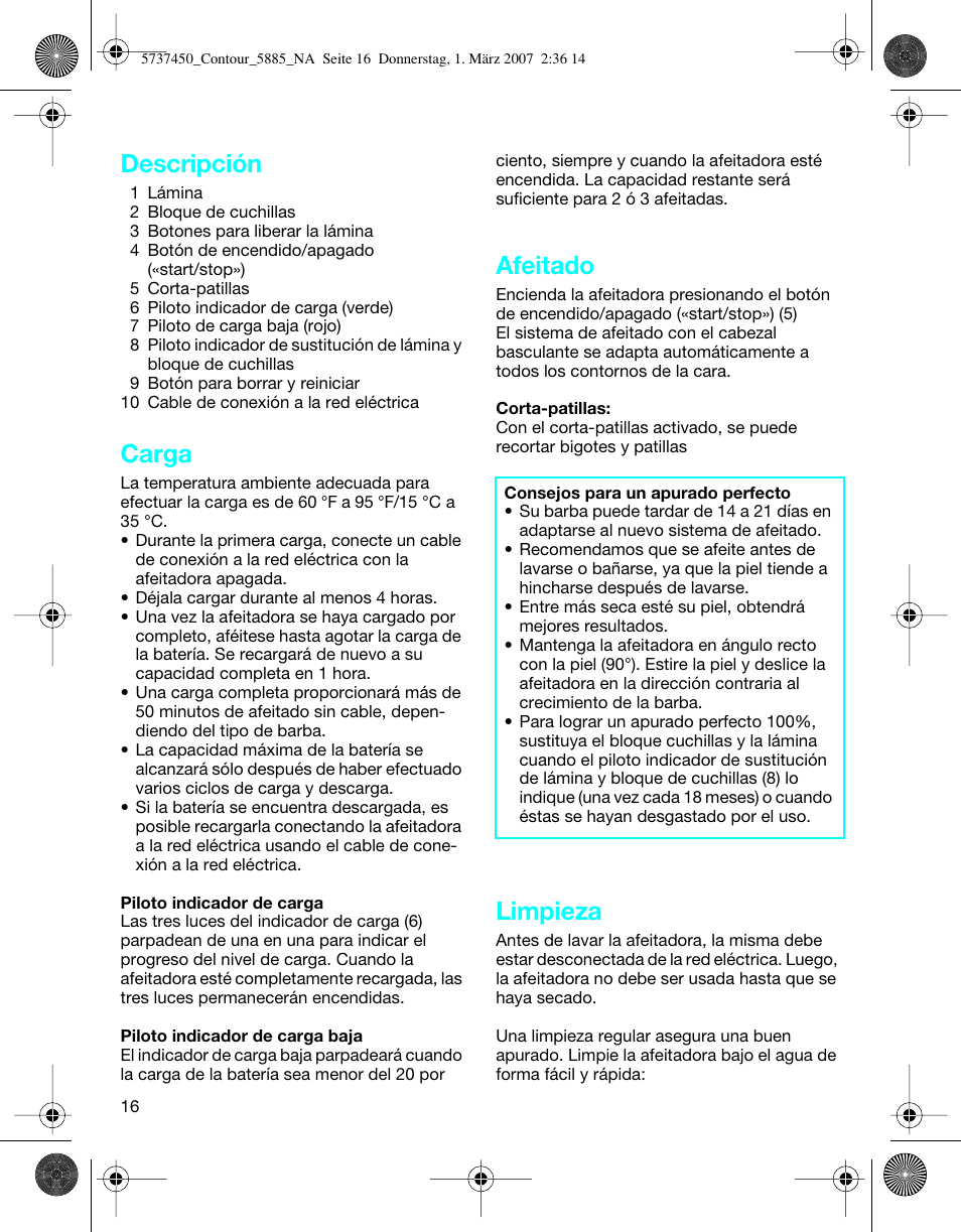 Descripción, Carga, Afeitado | Limpieza | Braun 5885 Contour Series User Manual | Page 16 / 18