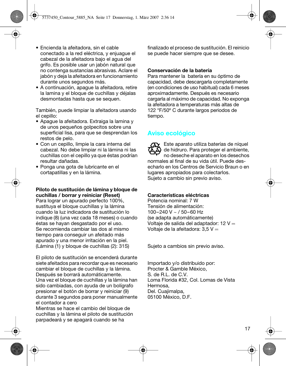 Aviso ecológico | Braun 5885 Contour Series User Manual | Page 17 / 18