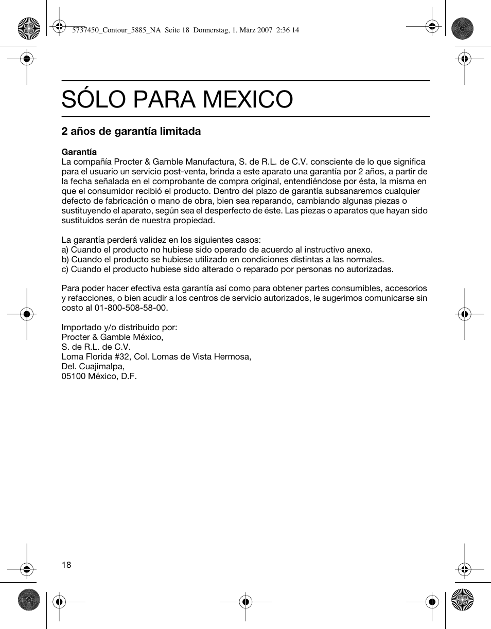Sólo para mexico | Braun 5885 Contour Series User Manual | Page 18 / 18