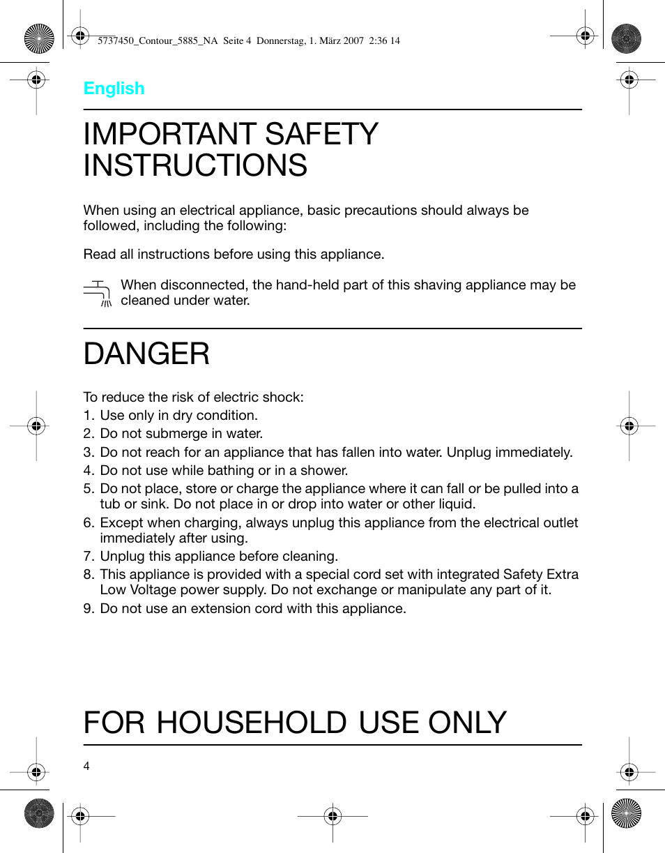 Important safety instructions, Danger, For household use only | Braun 5885 Contour Series User Manual | Page 4 / 18