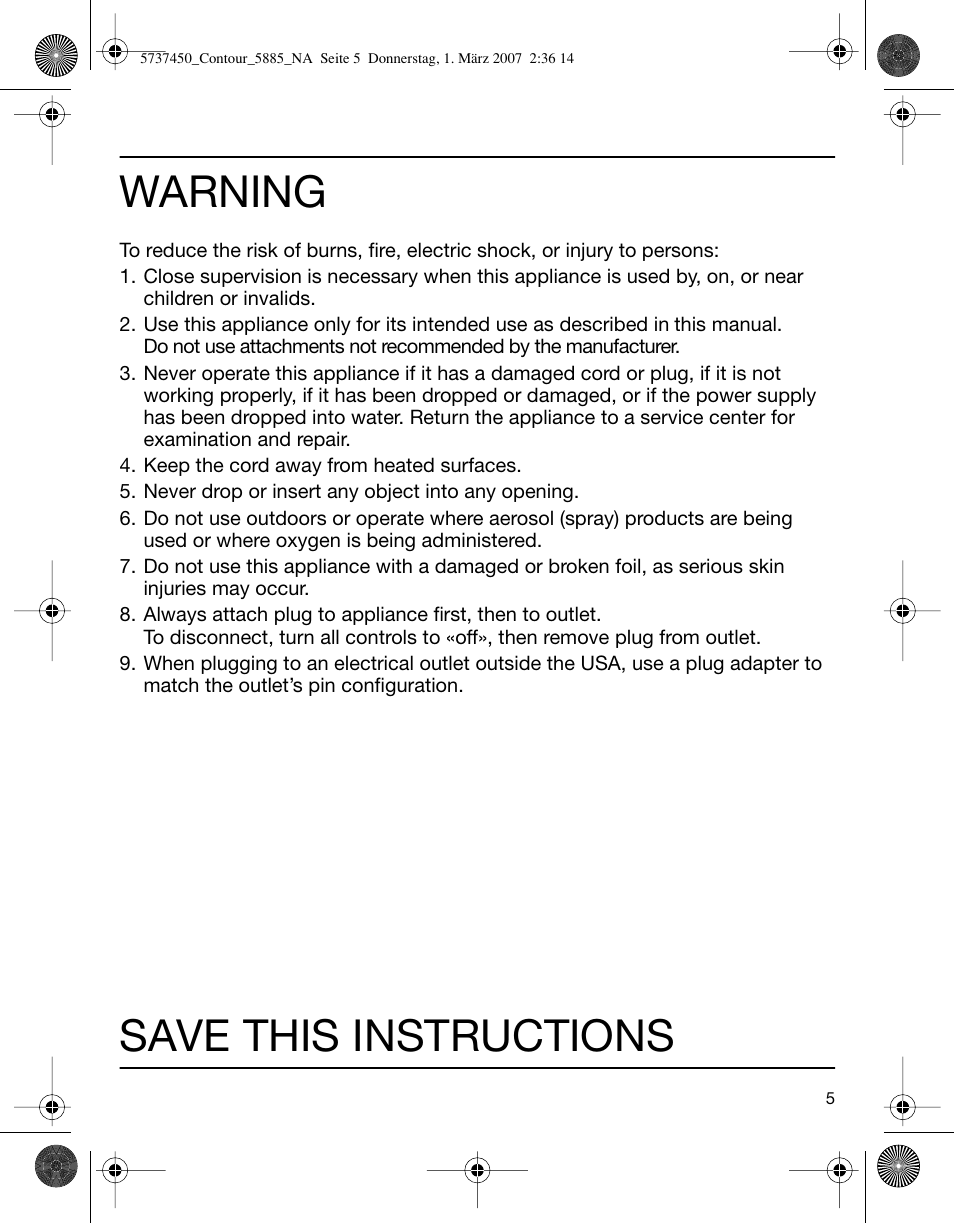 Warning, Save this instructions | Braun 5885 Contour Series User Manual | Page 5 / 18