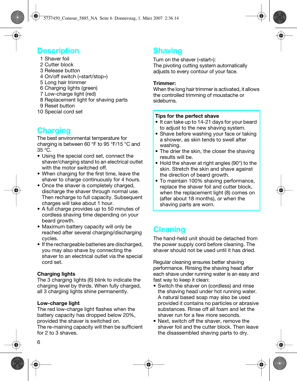 Description, Charging, Shaving | Cleaning | Braun 5885 Contour Series User Manual | Page 6 / 18