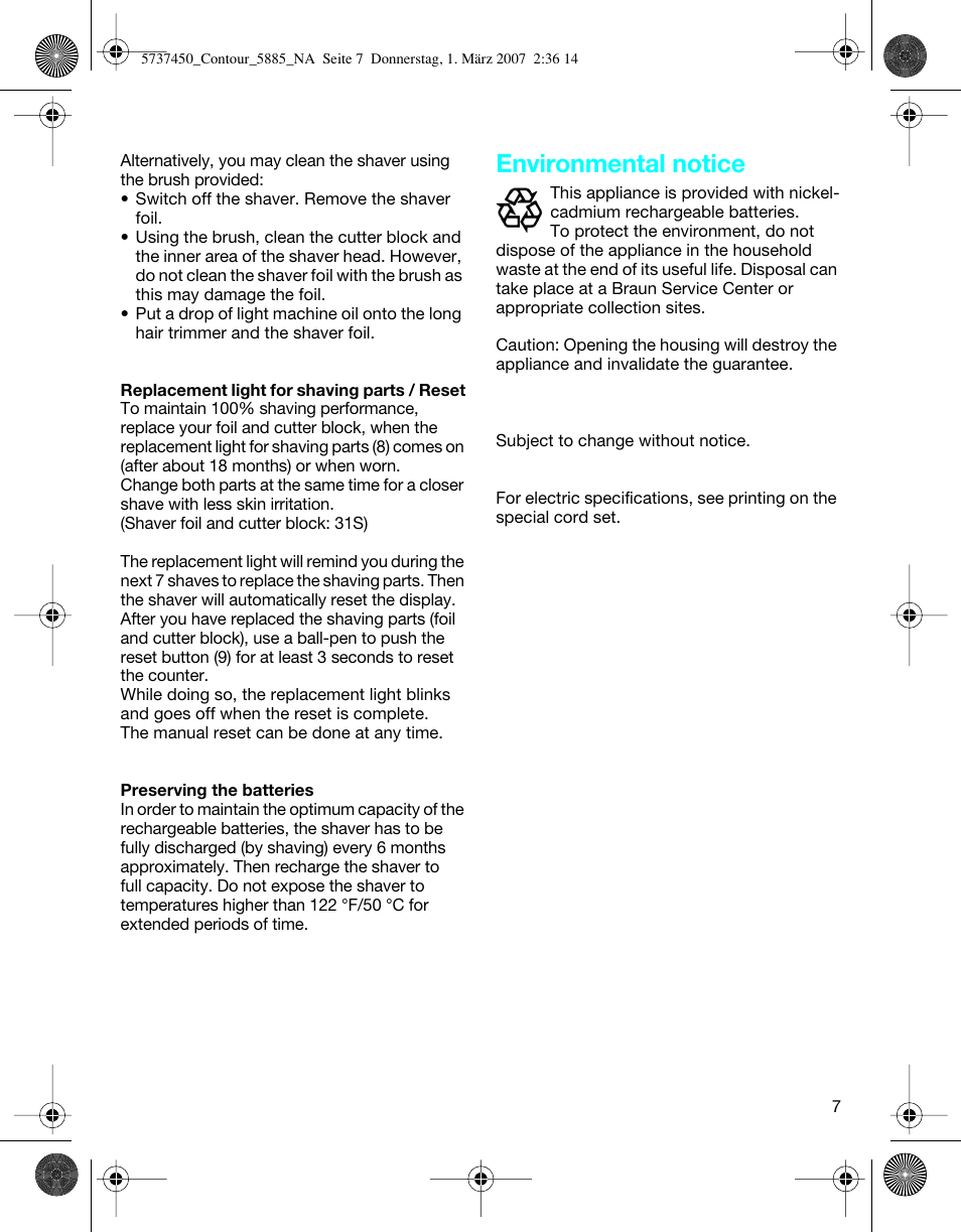 Environmental notice | Braun 5885 Contour Series User Manual | Page 7 / 18