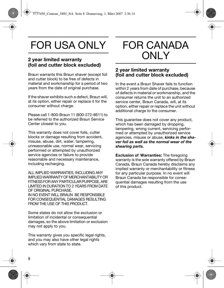 For usa only, For canada only | Braun 5885 Contour Series User Manual | Page 8 / 18