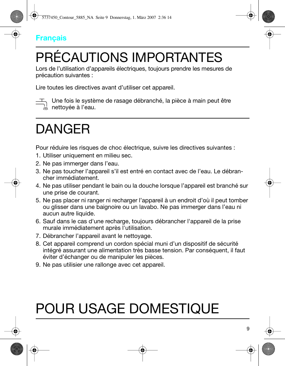 Pour usage domestique, Précautions importantes, Danger | Braun 5885 Contour Series User Manual | Page 9 / 18