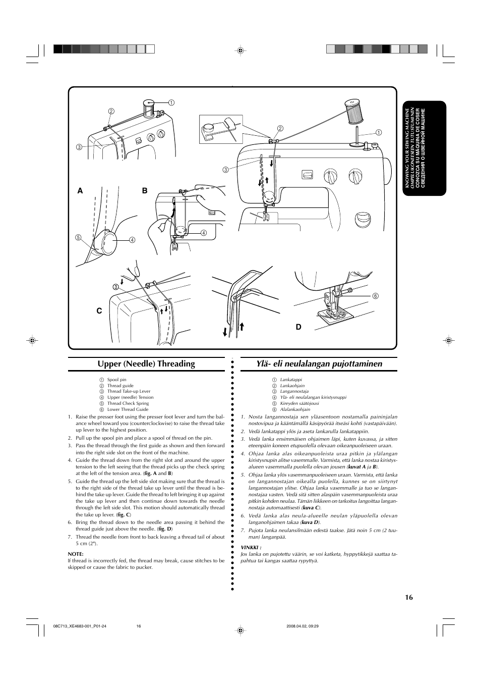 Upper (needle) threading, Ylä- eli neulalangan pujottaminen, Ab c d | Brother JS-20 User Manual | Page 27 / 84