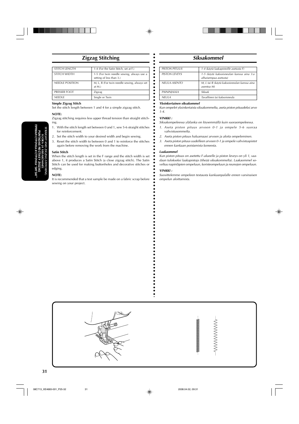 Zigzag stitching, Siksakommel | Brother JS-20 User Manual | Page 42 / 84
