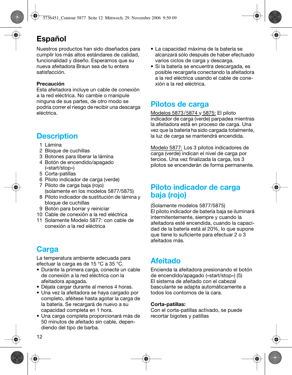 Español, Description, Carga | Pilotos de carga, Piloto indicador de carga baja (rojo), Afeitado | Braun 5873 Contour Series User Manual | Page 12 / 41
