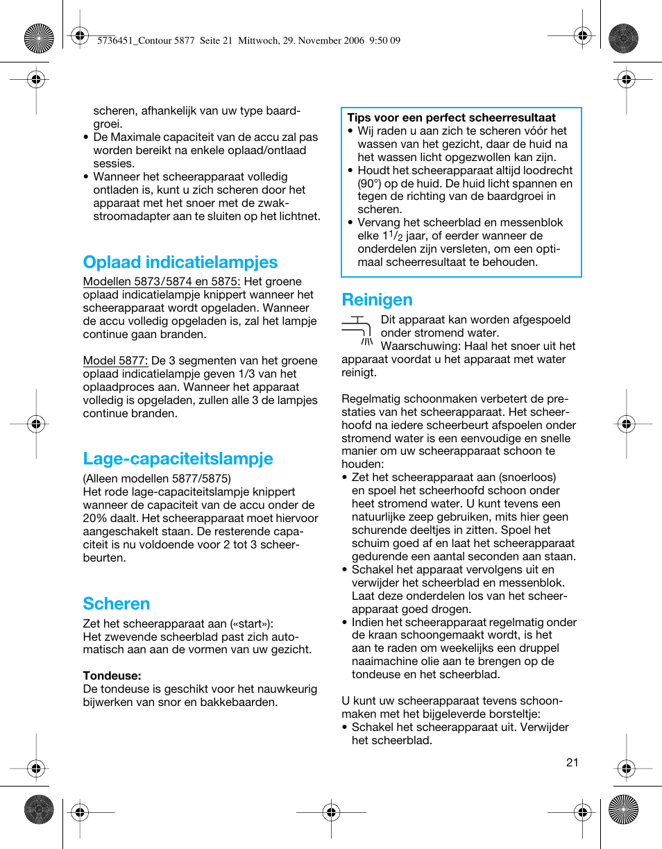 Oplaad indicatielampjes, Lage-capaciteitslampje, Scheren | Reinigen | Braun 5873 Contour Series User Manual | Page 21 / 41