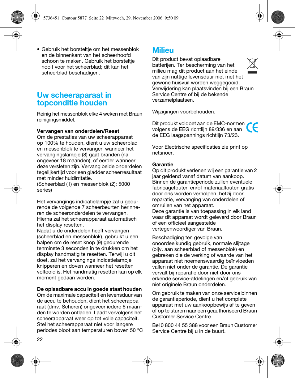 Uw scheeraparaat in topconditie houden, Milieu | Braun 5873 Contour Series User Manual | Page 22 / 41