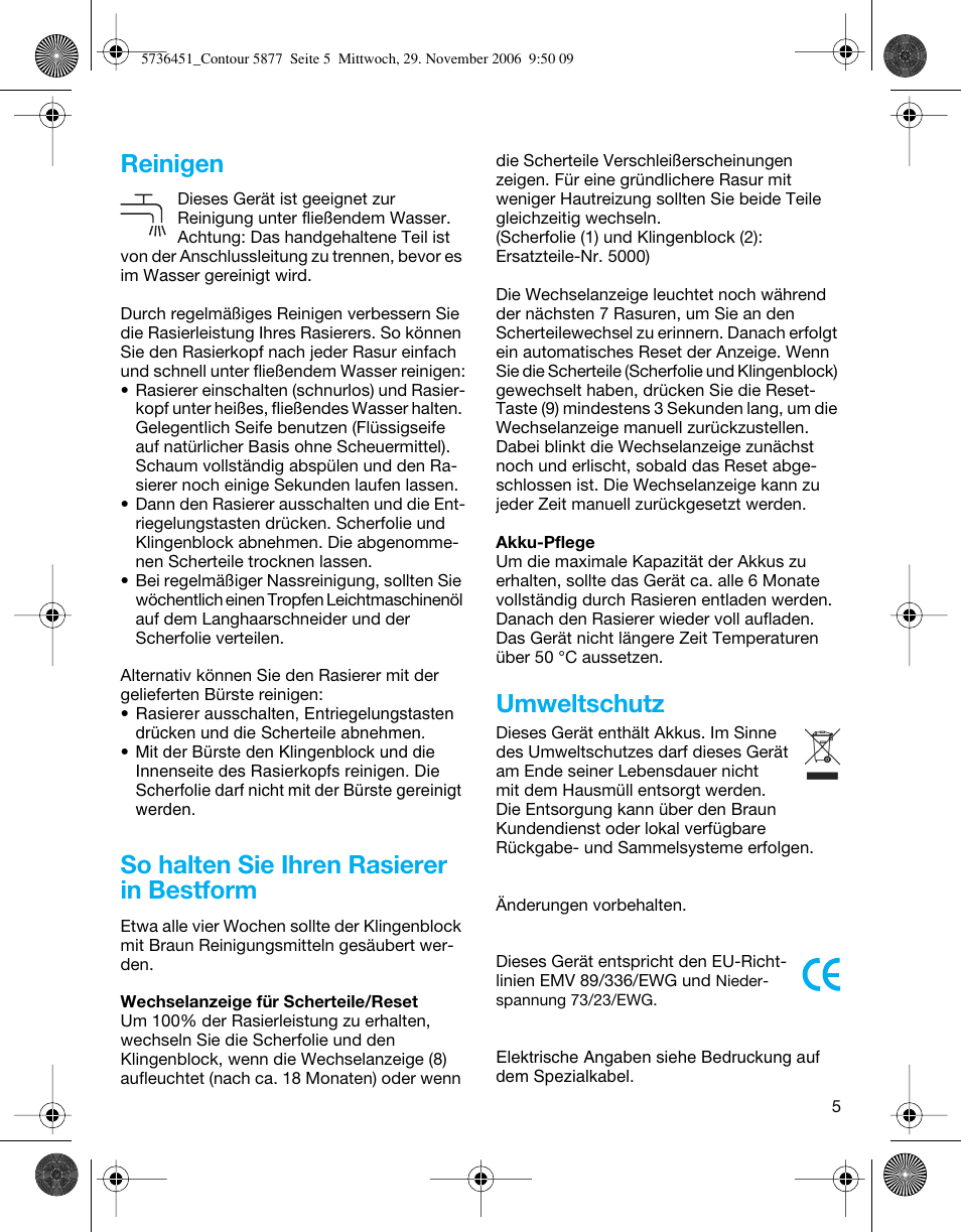 Reinigen, So halten sie ihren rasierer in bestform, Umweltschutz | Braun 5873 Contour Series User Manual | Page 5 / 41