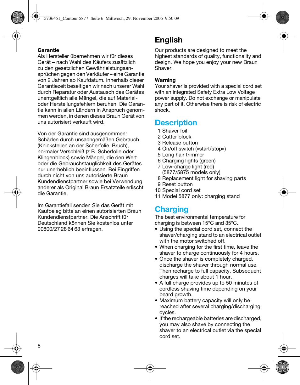 English, Description, Charging | Braun 5873 Contour Series User Manual | Page 6 / 41