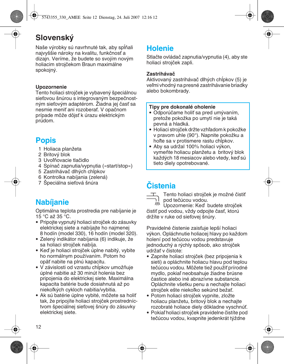 Slovensk, Popis, Nabíjanie | Holenie, Âistenia | Braun 320 Series 3 User Manual | Page 12 / 35