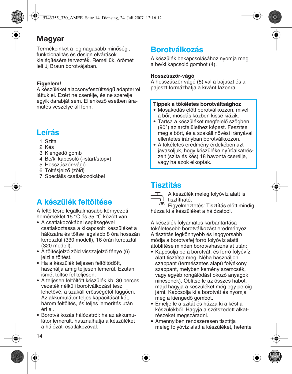 Magyar, Leírás, A készülék feltöltése | Borotválkozás, Tisztítás | Braun 320 Series 3 User Manual | Page 14 / 35