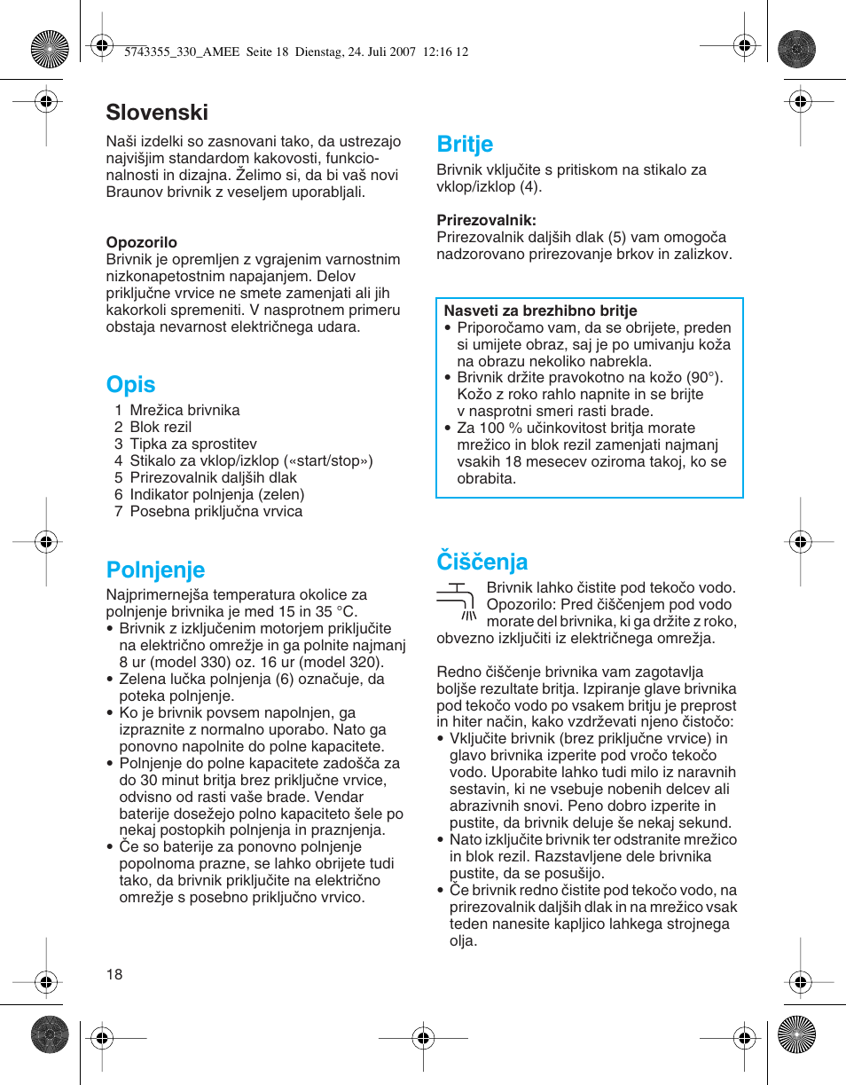 Slovenski, Opis, Polnjenje | Britje, Âi‰ãenja | Braun 320 Series 3 User Manual | Page 18 / 35