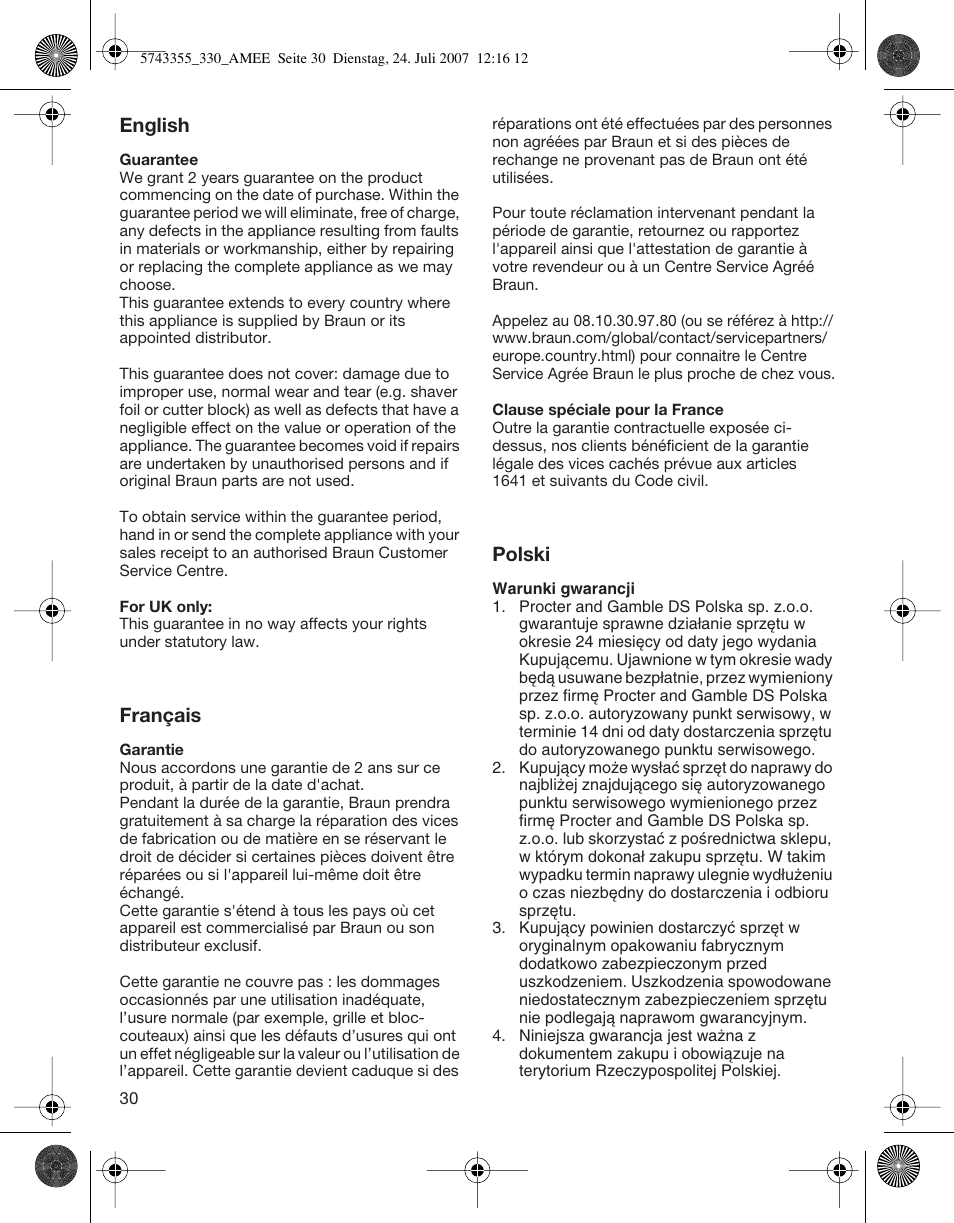 English, Français, Polski | Braun 320 Series 3 User Manual | Page 30 / 35
