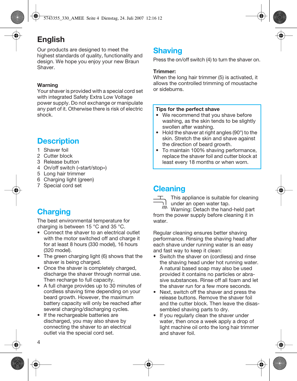 English, Description, Charging | Shaving, Cleaning | Braun 320 Series 3 User Manual | Page 4 / 35