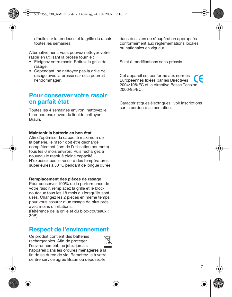 Pour conserver votre rasoir en parfait état, Respect de l’environnement | Braun 320 Series 3 User Manual | Page 7 / 35