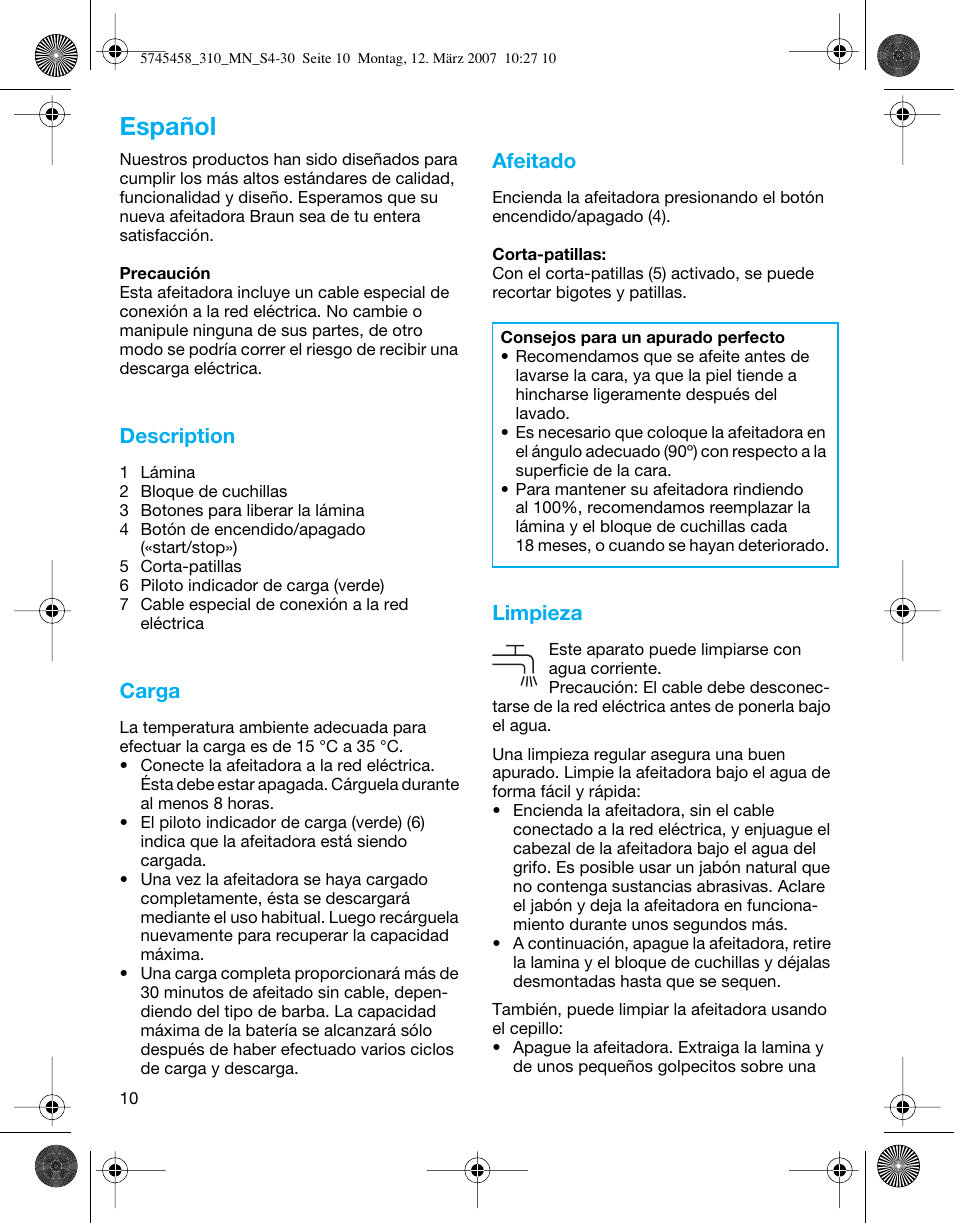 Español, Description, Carga | Afeitado, Limpieza | Braun 310 Series 3  EU User Manual | Page 10 / 29