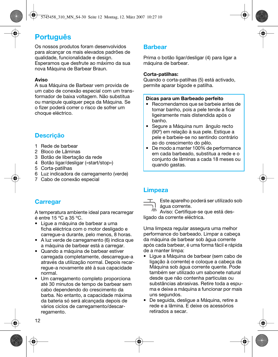 Português, Descrição, Carregar | Barbear, Limpeza | Braun 310 Series 3  EU User Manual | Page 12 / 29