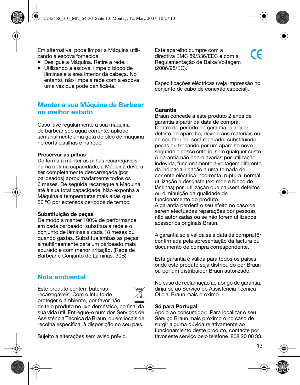 Manter a sua máquina de barbear no melhor estado, Nota ambiental | Braun 310 Series 3  EU User Manual | Page 13 / 29