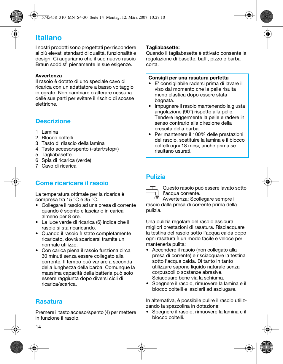 Italiano, Descrizione, Come ricaricare il rasoio | Rasatura, Pulizia | Braun 310 Series 3  EU User Manual | Page 14 / 29