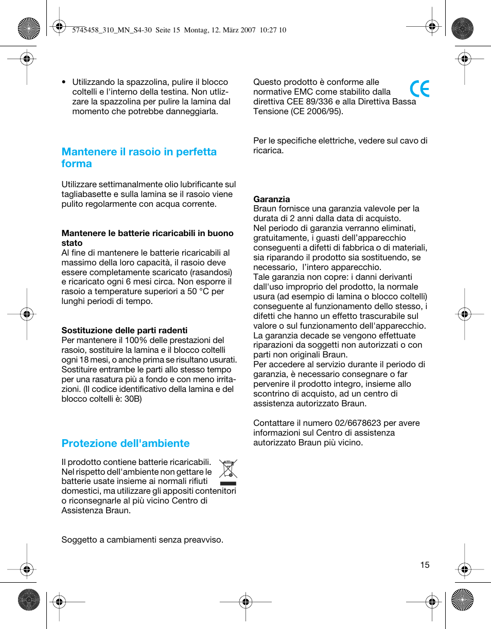 Mantenere il rasoio in perfetta forma, Protezione dell'ambiente | Braun 310 Series 3  EU User Manual | Page 15 / 29