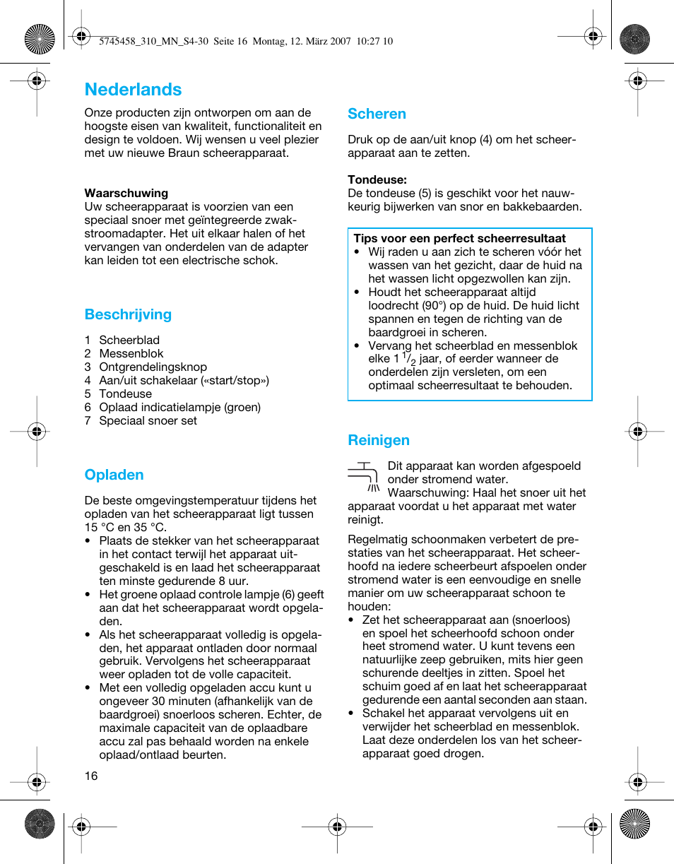 Nederlands, Beschrijving, Opladen | Scheren, Reinigen | Braun 310 Series 3  EU User Manual | Page 16 / 29