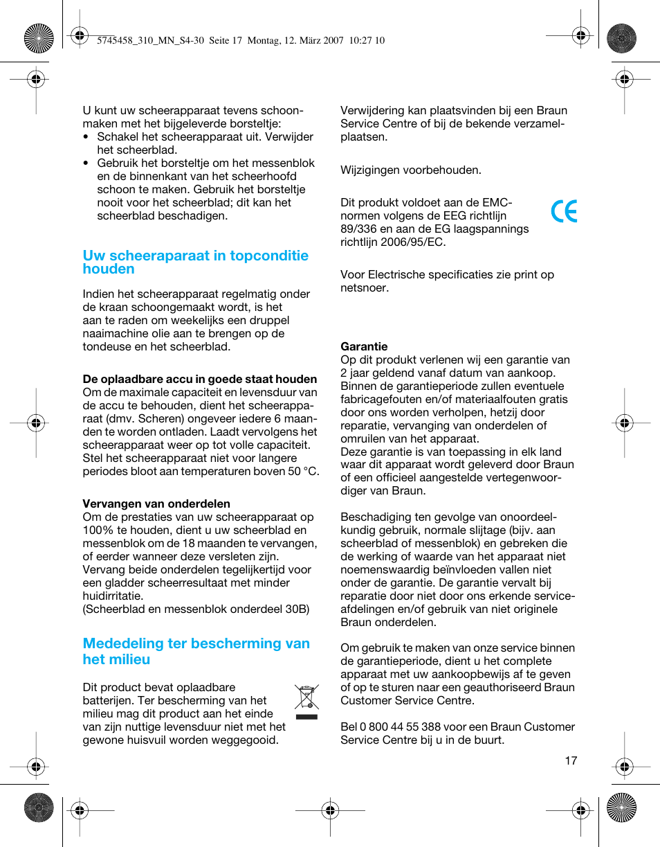 Uw scheeraparaat in topconditie houden, Mededeling ter bescherming van het milieu | Braun 310 Series 3  EU User Manual | Page 17 / 29