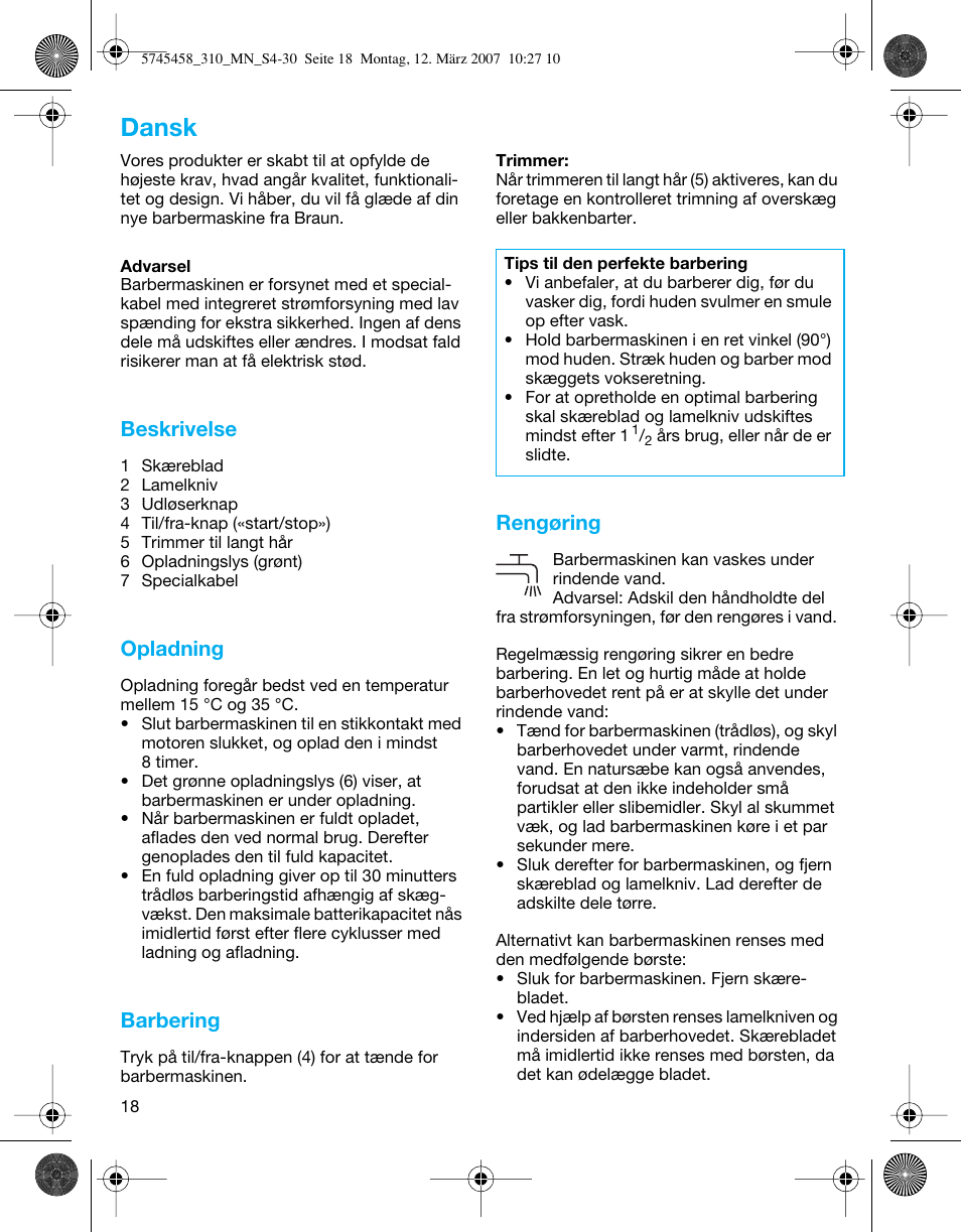 Dansk, Beskrivelse, Opladning | Barbering, Rengøring | Braun 310 Series 3  EU User Manual | Page 18 / 29