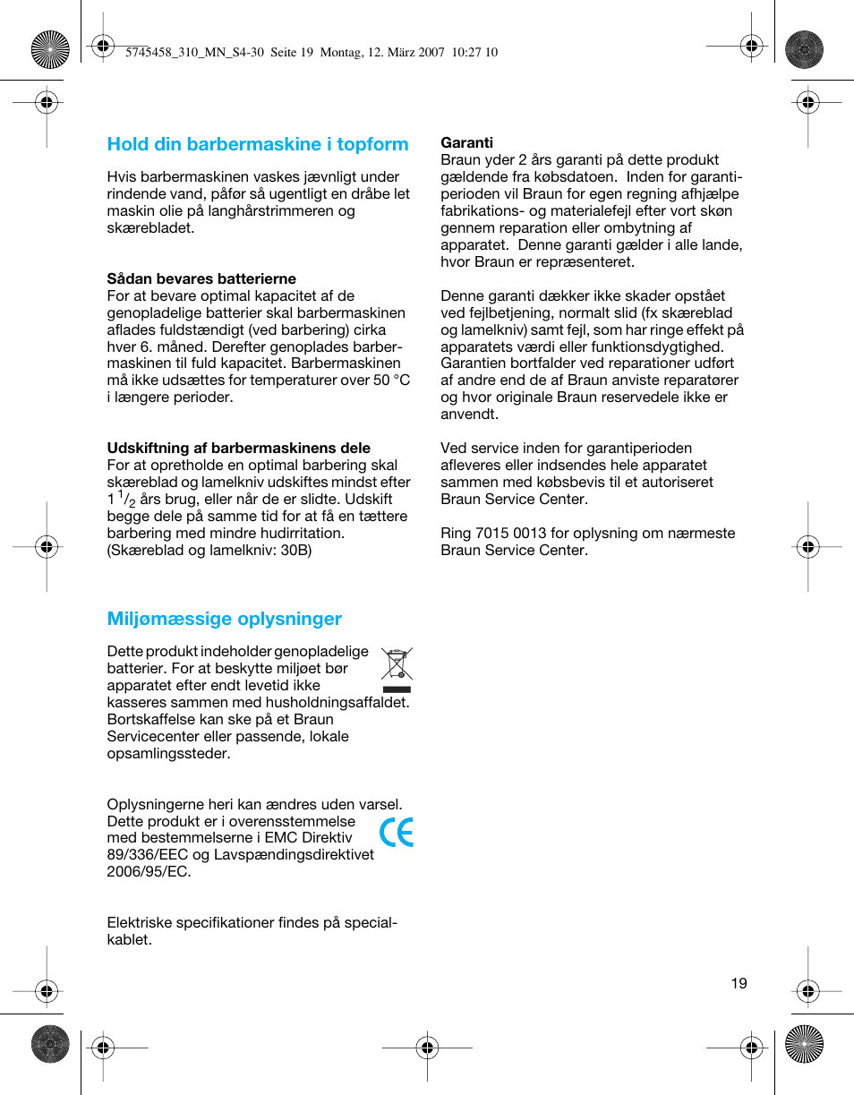 Hold din barbermaskine i topform, Miljømæssige oplysninger | Braun 310 Series 3  EU User Manual | Page 19 / 29