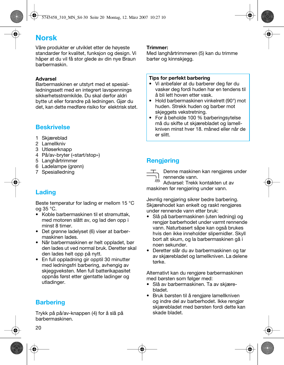 Norsk, Beskrivelse, Lading | Barbering, Rengjøring | Braun 310 Series 3  EU User Manual | Page 20 / 29