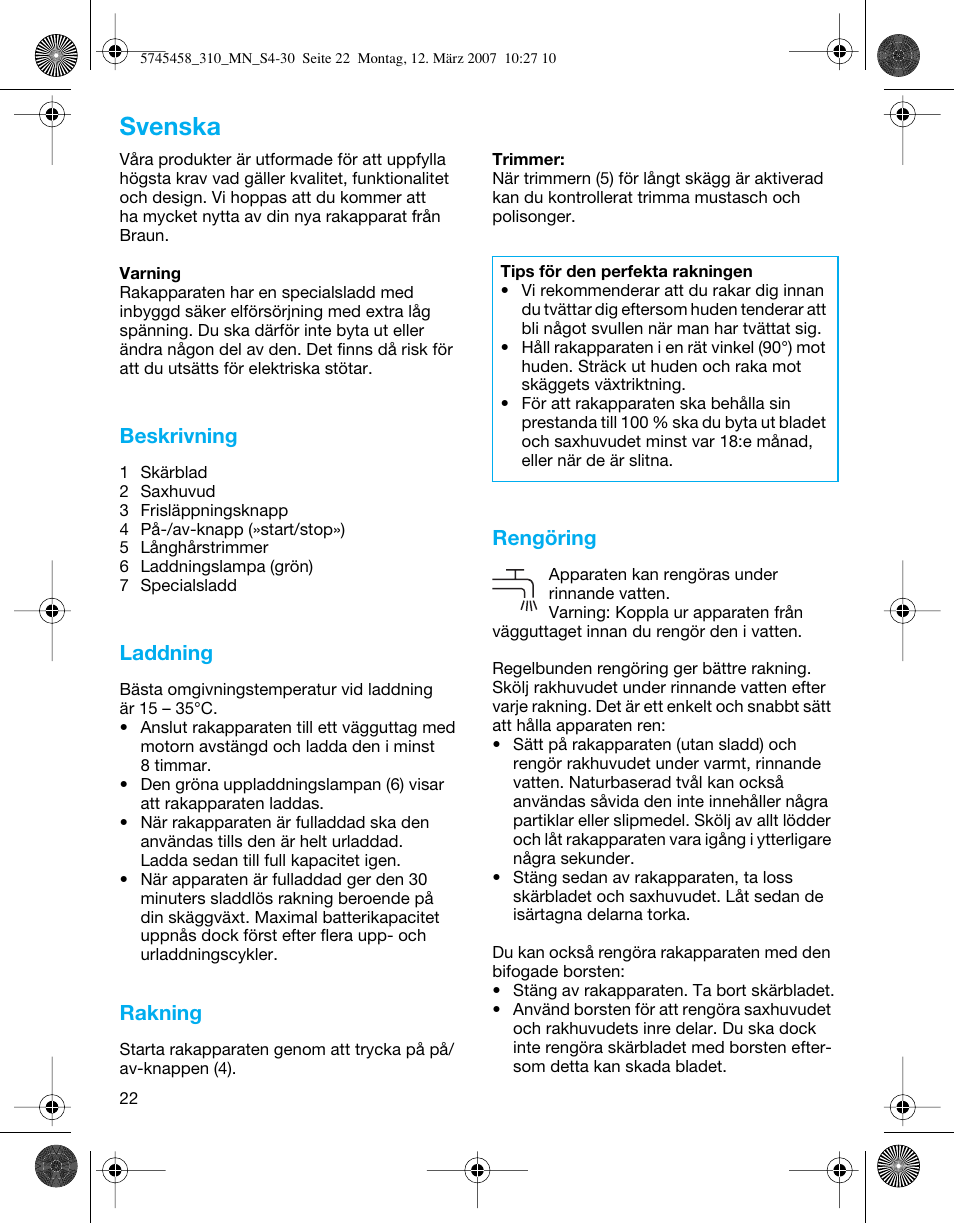 Svenska, Beskrivning, Laddning | Rakning, Rengöring | Braun 310 Series 3  EU User Manual | Page 22 / 29