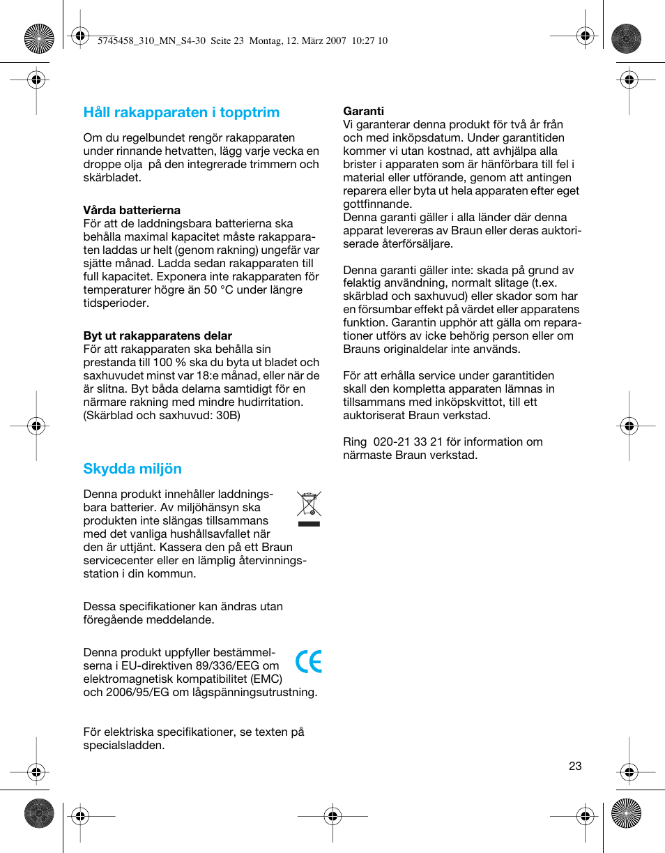 Håll rakapparaten i topptrim, Skydda miljön | Braun 310 Series 3  EU User Manual | Page 23 / 29