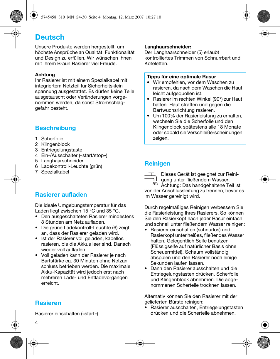 Deutsch, Beschreibung, Rasierer aufladen | Rasieren, Reinigen | Braun 310 Series 3  EU User Manual | Page 4 / 29