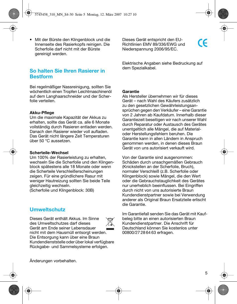 So halten sie ihren rasierer in bestform, Umweltschutz | Braun 310 Series 3  EU User Manual | Page 5 / 29