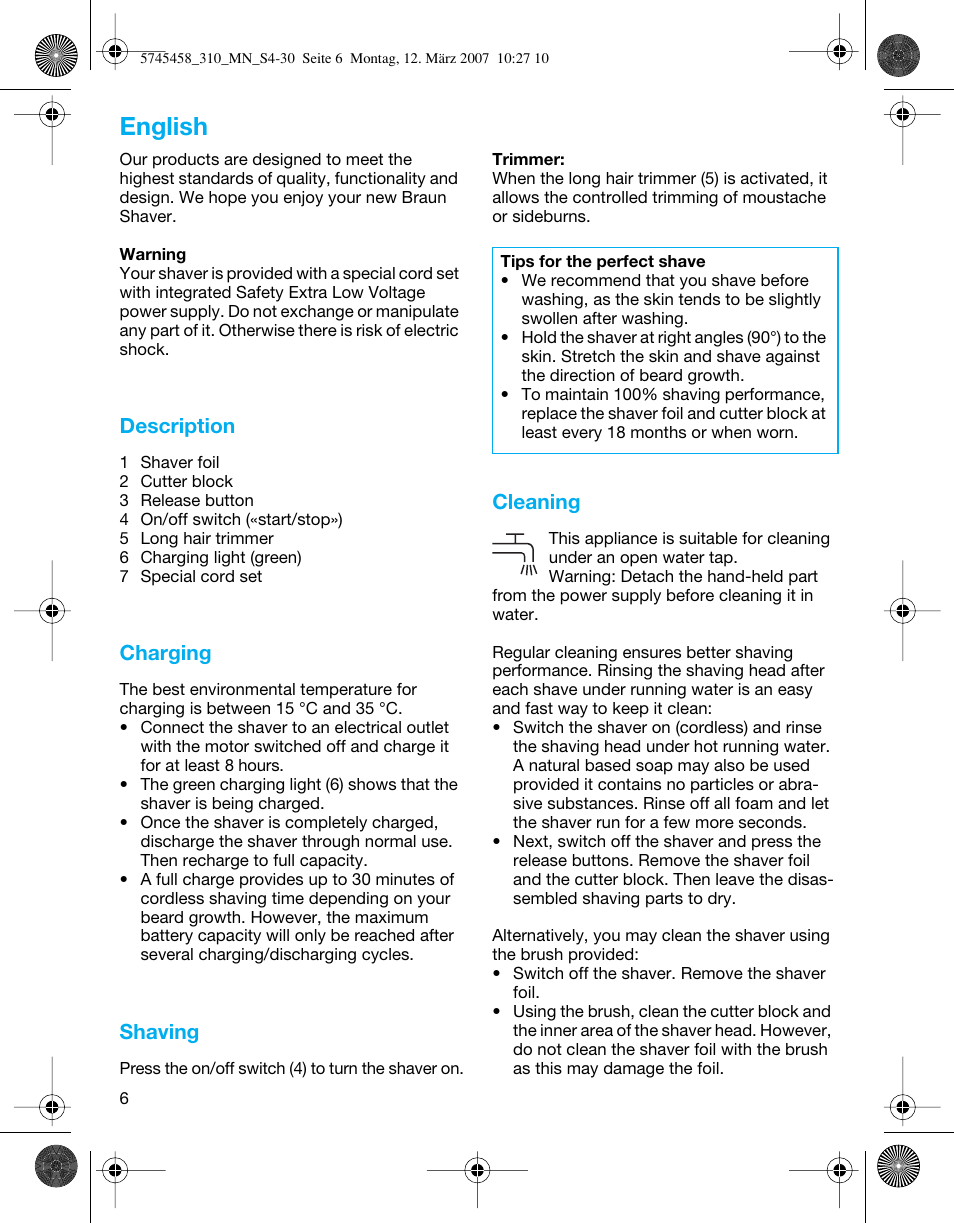 English, Description, Charging | Shaving, Cleaning | Braun 310 Series 3  EU User Manual | Page 6 / 29