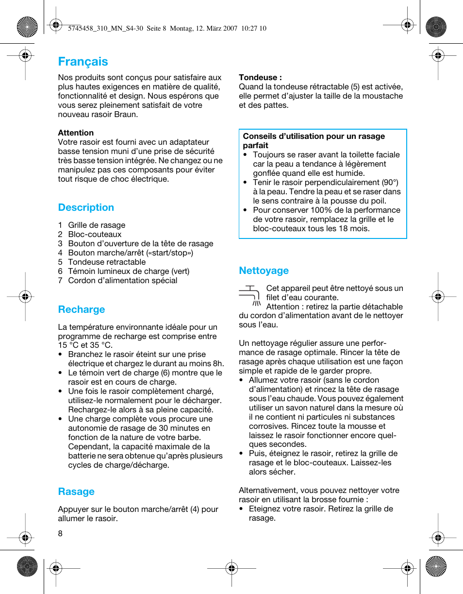 Français, Description, Recharge | Rasage, Nettoyage | Braun 310 Series 3  EU User Manual | Page 8 / 29