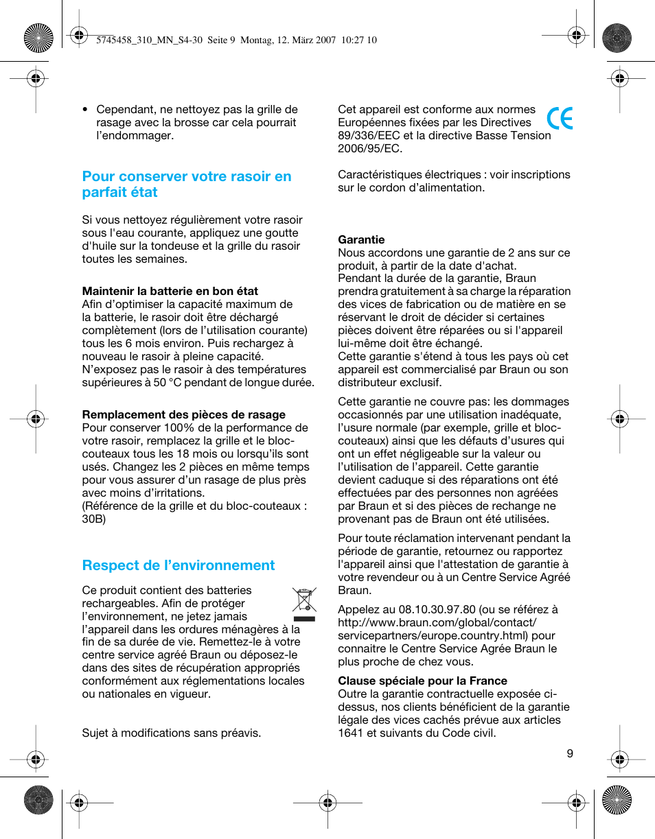 Pour conserver votre rasoir en parfait état, Respect de l’environnement | Braun 310 Series 3  EU User Manual | Page 9 / 29