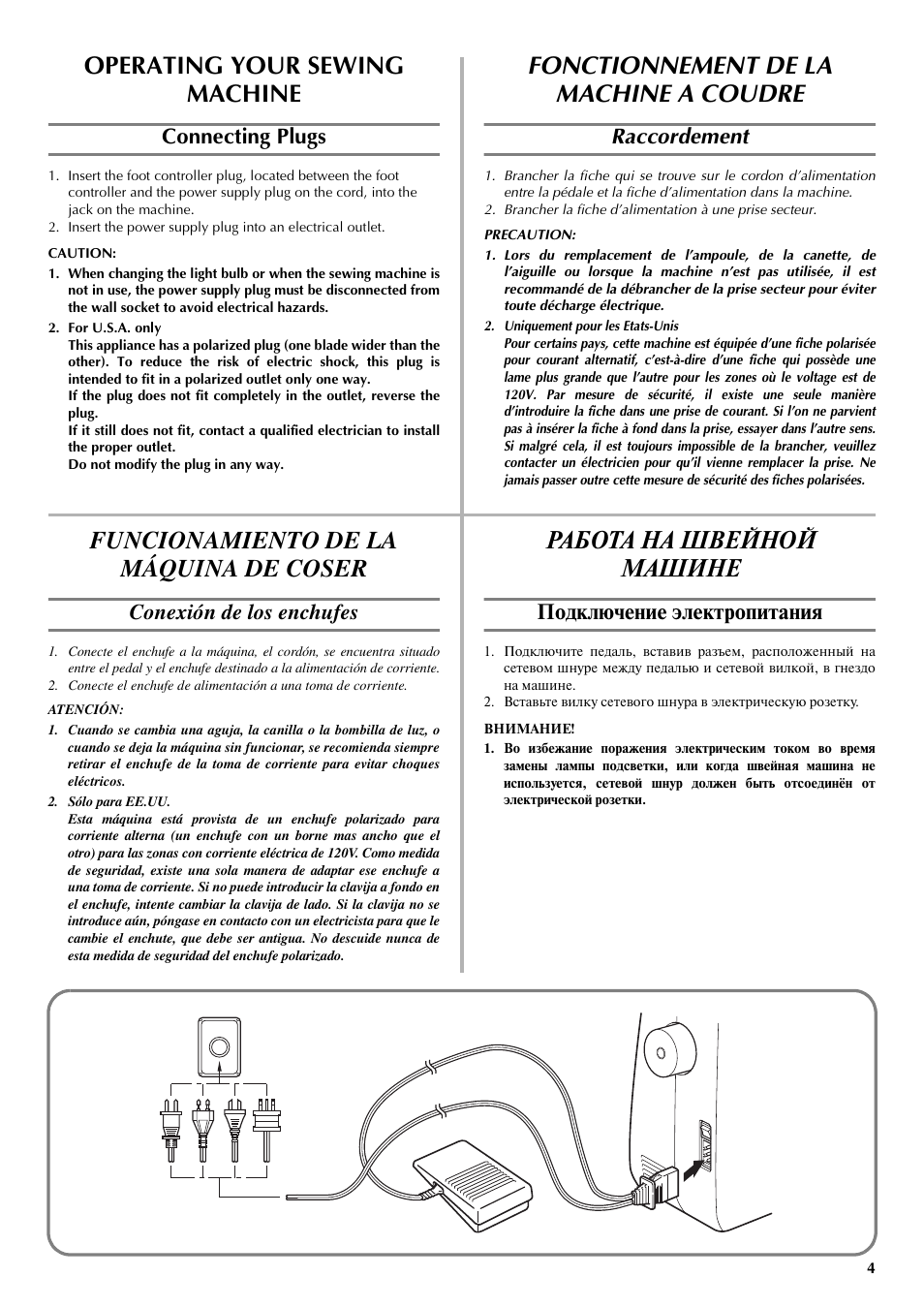 Operating your sewing machine, Fonctionnement de la machine a coudre, Funcionamiento de la máquina de coser | Работа на швейной машине, Connecting plugs, Raccordement, Conexión de los enchufes, Подключение электропитания | Brother LS-3125 User Manual | Page 13 / 68