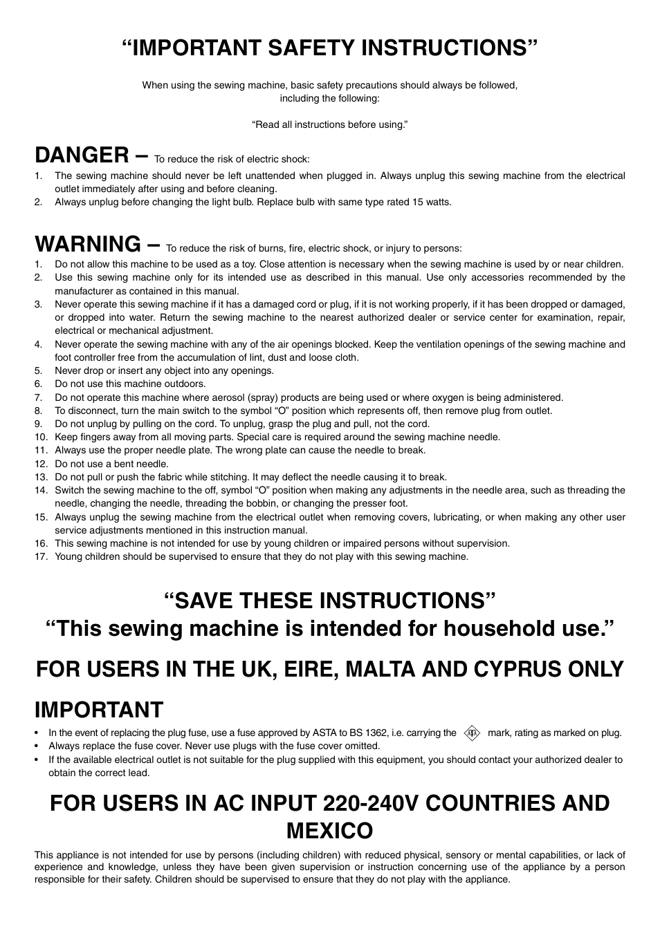 Important safety instructions, Danger, Warning | Brother LS-3125 User Manual | Page 3 / 68