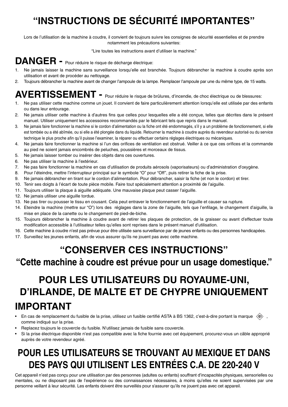 Instructions de sécurité importantes, Danger, Avertissement | Brother LS-3125 User Manual | Page 4 / 68