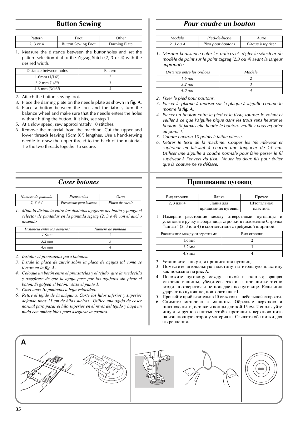 Button sewing, Pour coudre un bouton, Coser botones | Пришивание пуговиц | Brother LS-3125 User Manual | Page 44 / 68