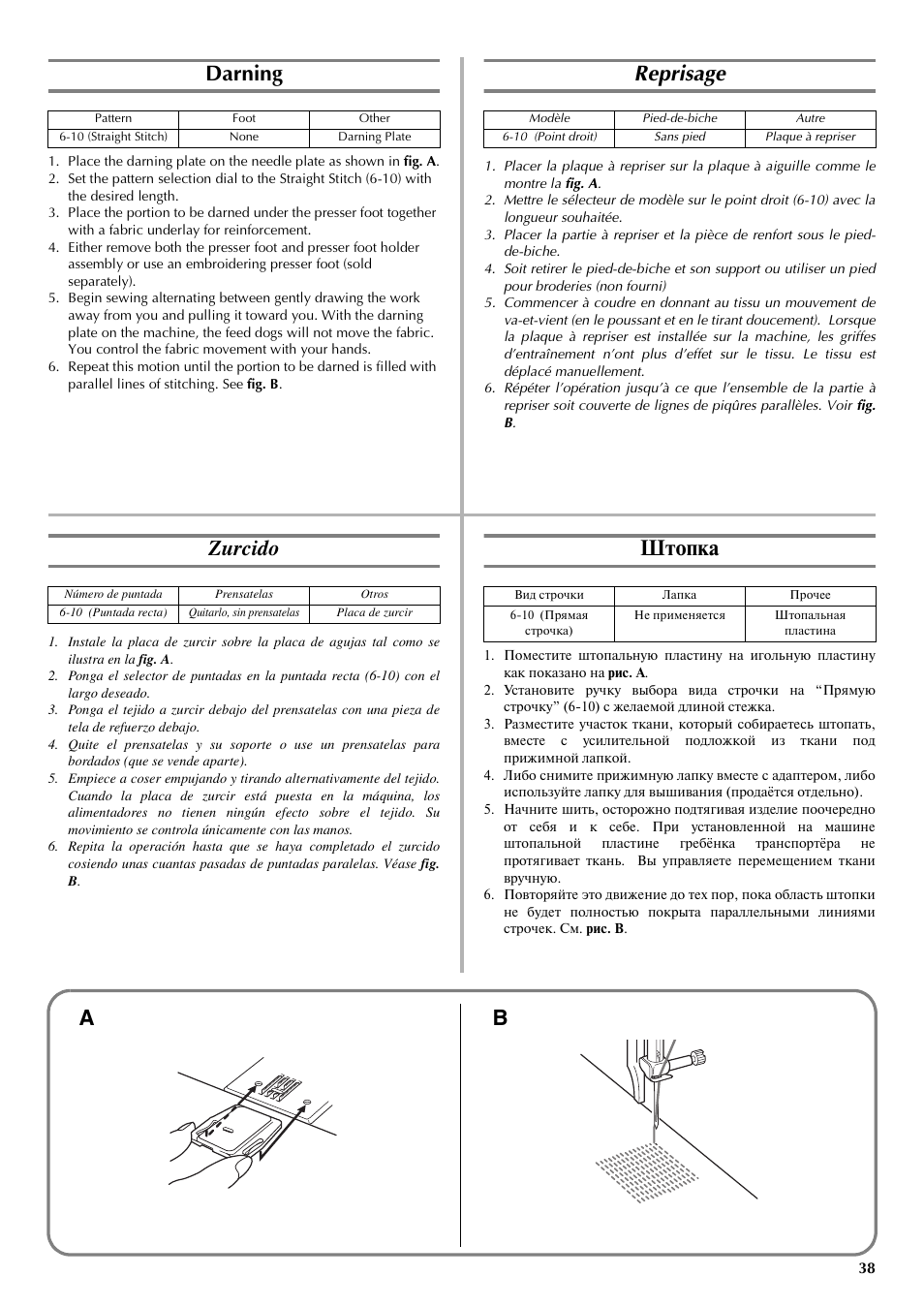 Darning, Reprisage, Zurcido | Штопка | Brother LS-3125 User Manual | Page 47 / 68