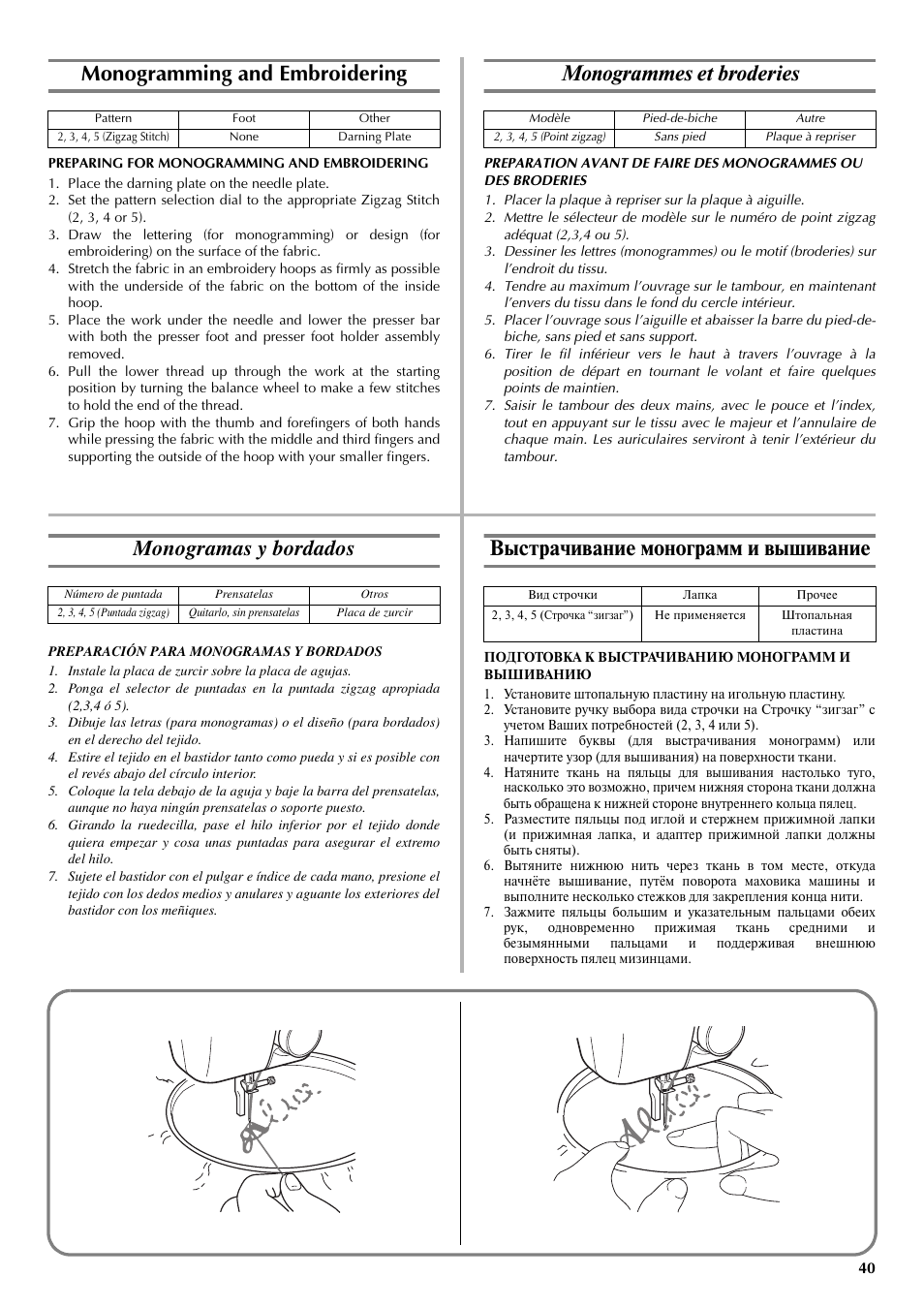 Monogramming and embroidering, Monogrammes et broderies, Monogramas y bordados | Выстрачивание монограмм и вышивание | Brother LS-3125 User Manual | Page 49 / 68