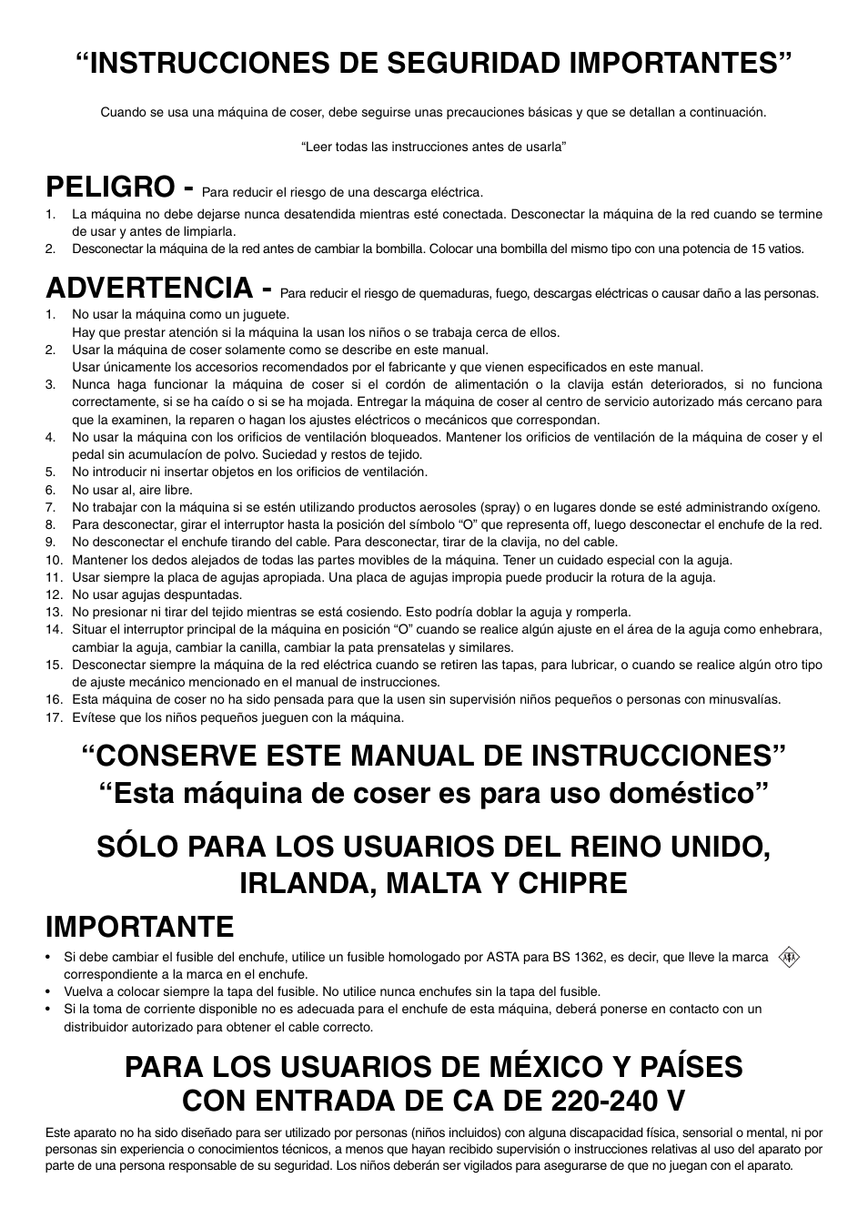 Instrucciones de seguridad importantes, Peligro, Advertencia | Brother LS-3125 User Manual | Page 5 / 68