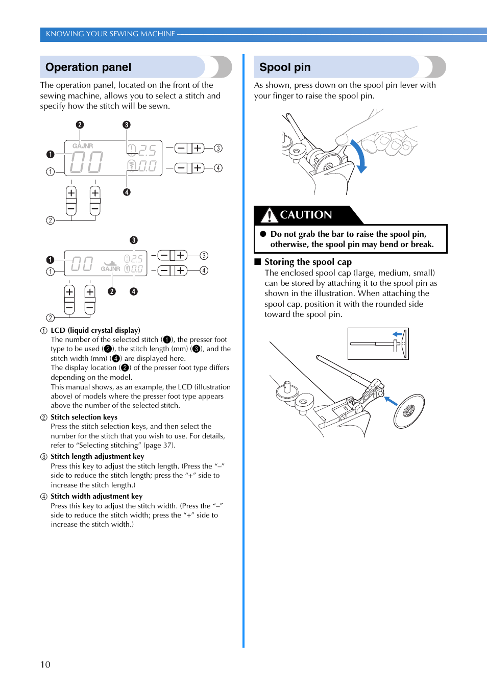 Operation panel, Spool pin, Caution | Brother FS-20 User Manual | Page 12 / 100