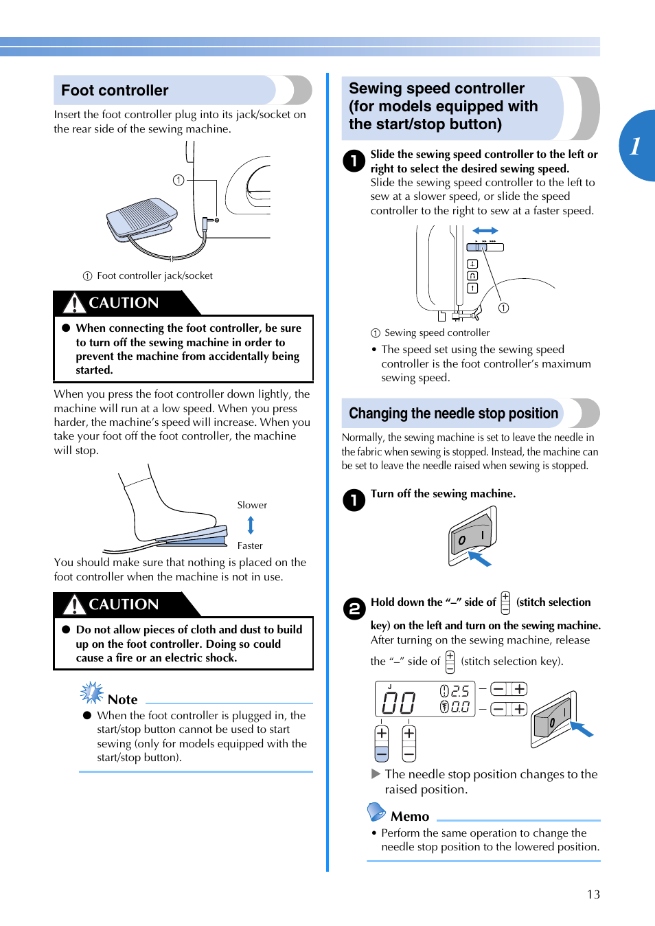 Foot controller, Changing the needle stop position, Caution | Brother FS-20 User Manual | Page 15 / 100