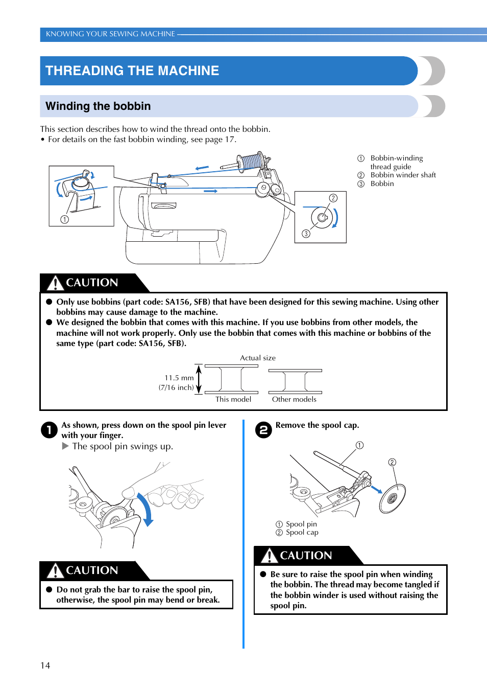 Threading the machine, Winding the bobbin, Caution | Brother FS-20 User Manual | Page 16 / 100